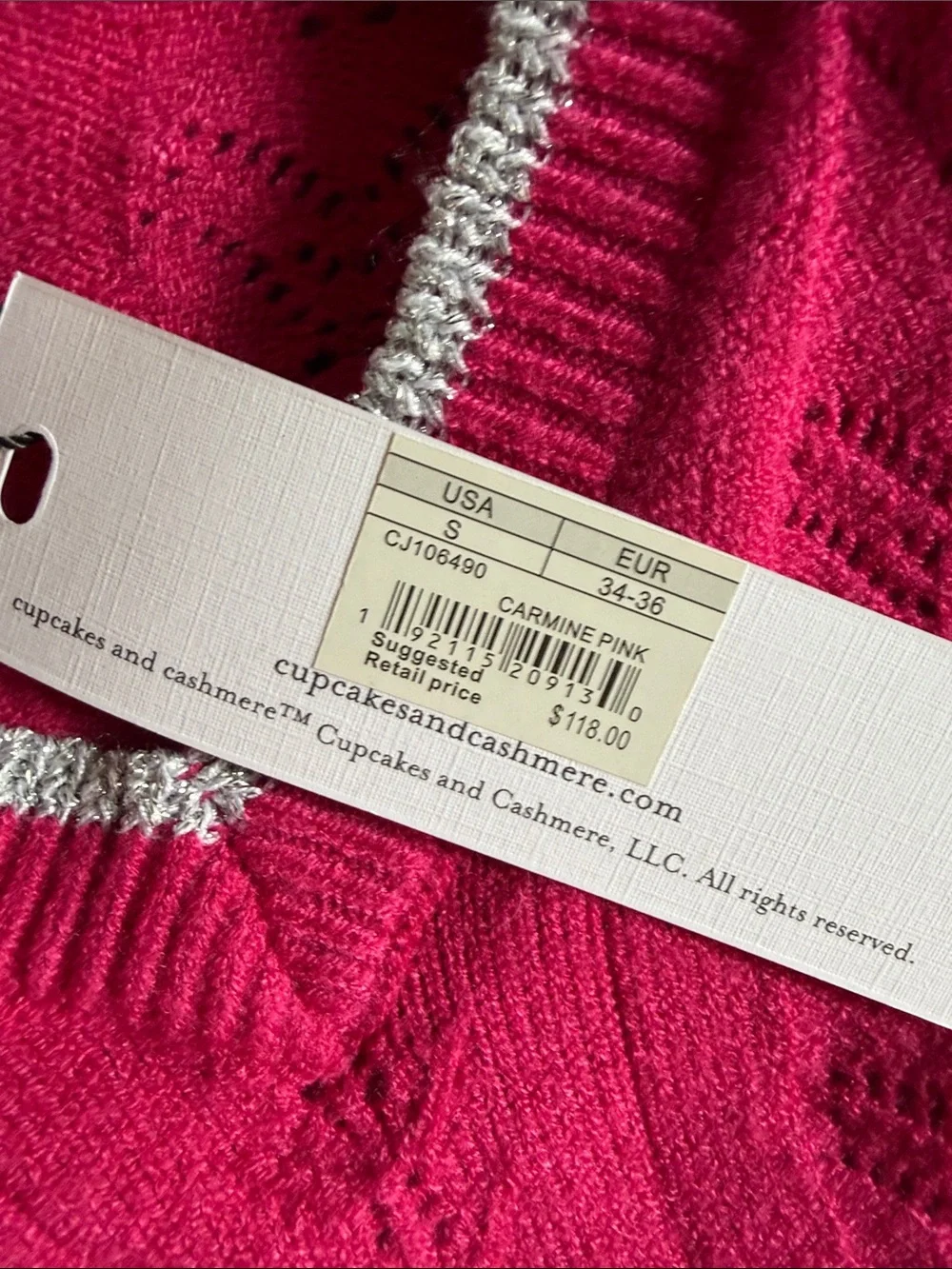 cupcakes & cashmere Carmine Pink ‎ V-Neck Cable Knit Sweater- NWT- retail 118